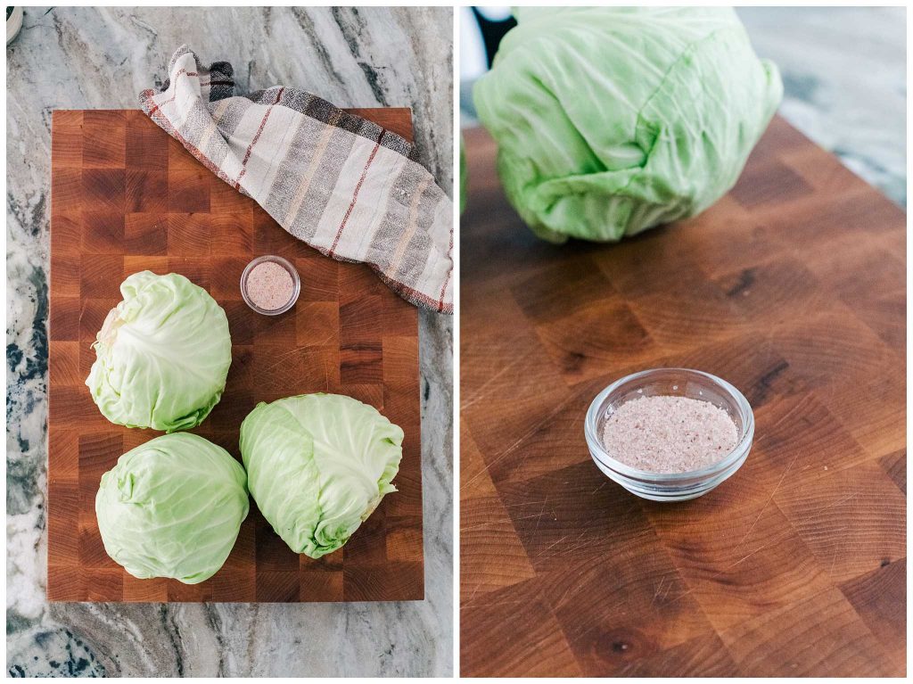 3 heads of green cabbage and salt needed to make sauerkraut