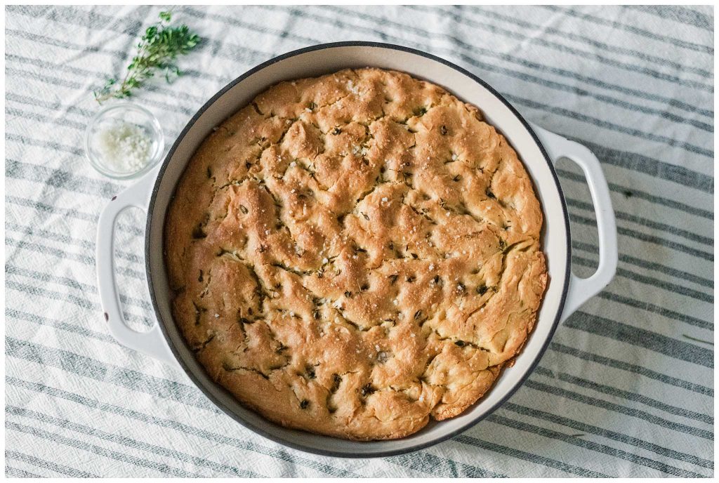 Baked Sourdough Focaccia In Cast Iron Skillet