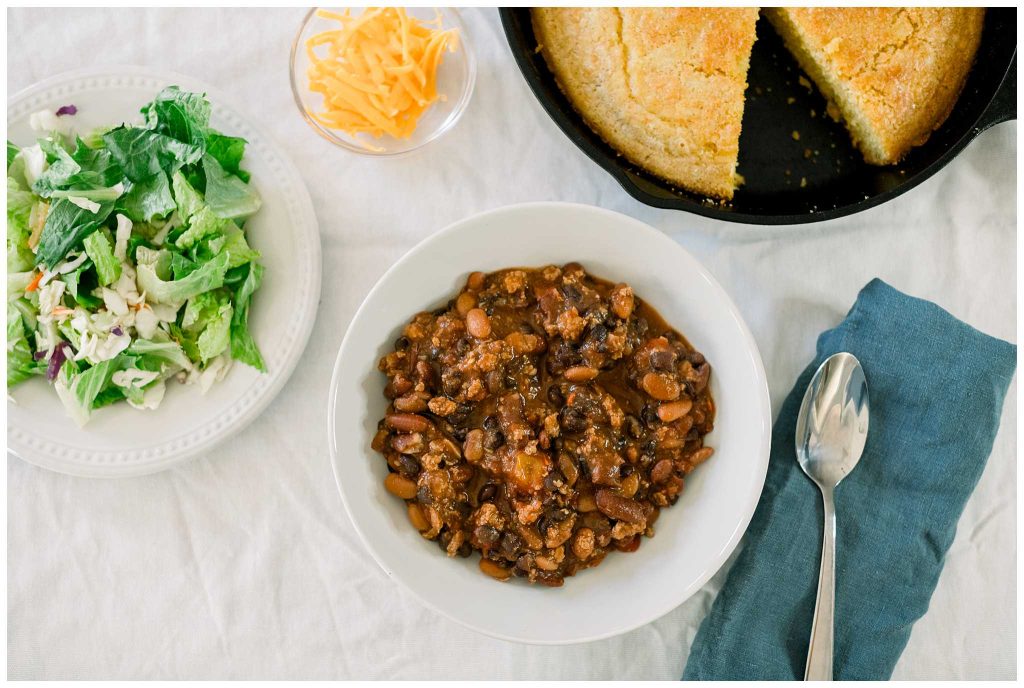 Homemade Chili Recipe Make in a slow cooker with salad and cornbread