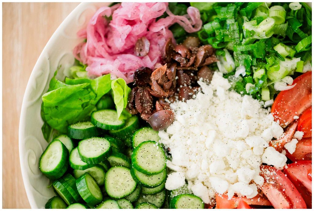 Up close Greek Salad with feta cheese