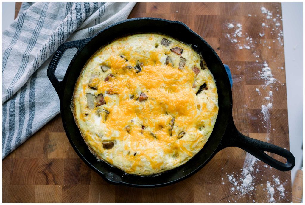 Ham and Potato Frittata in a cast iron skillet