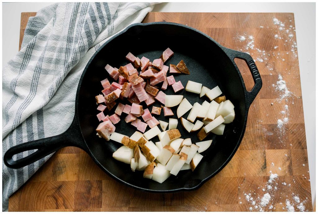 Ham and Potatoes in a lodge skillet