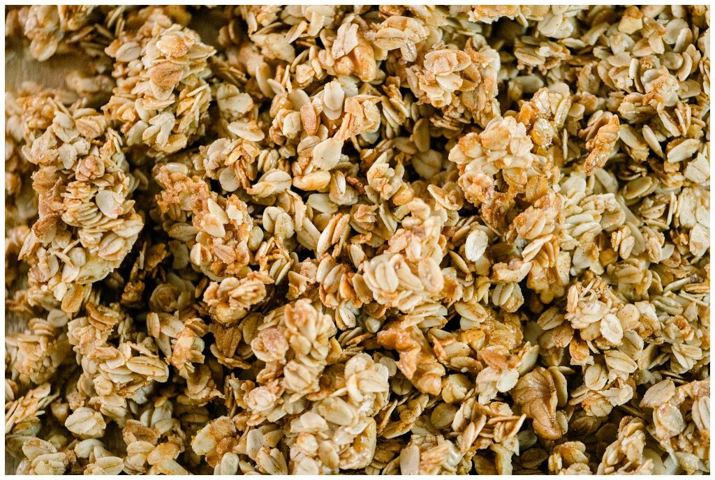 Up close photo of homemade granola on pan