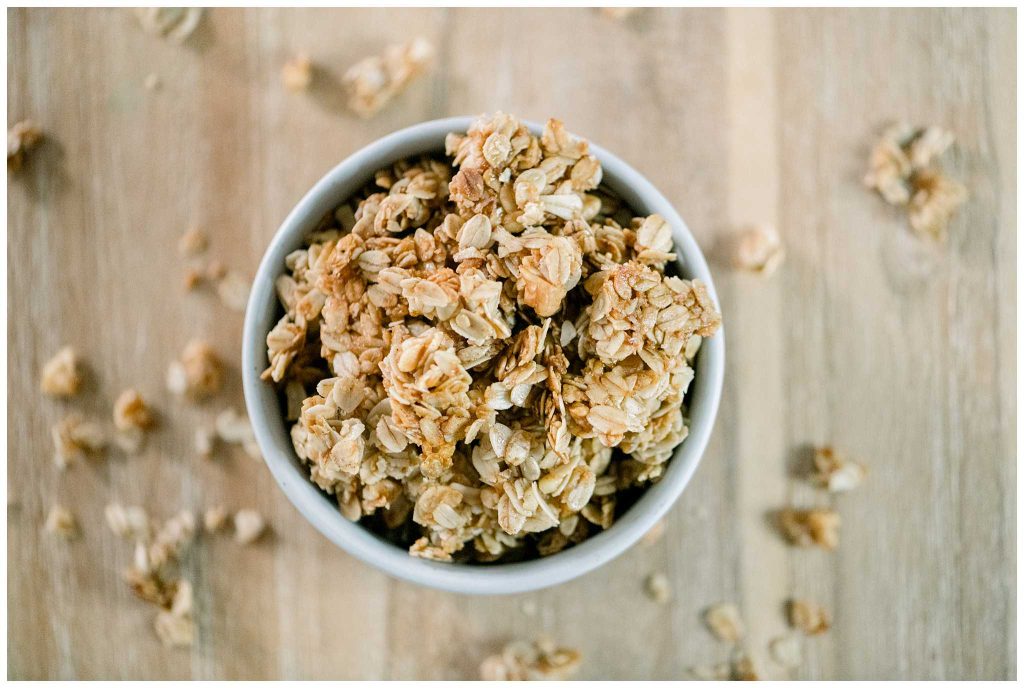 Up close photo of homemade granola on table