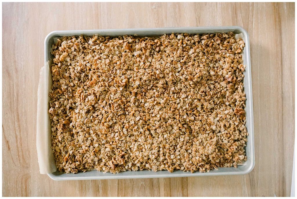 Letting homemade granola cool on pan