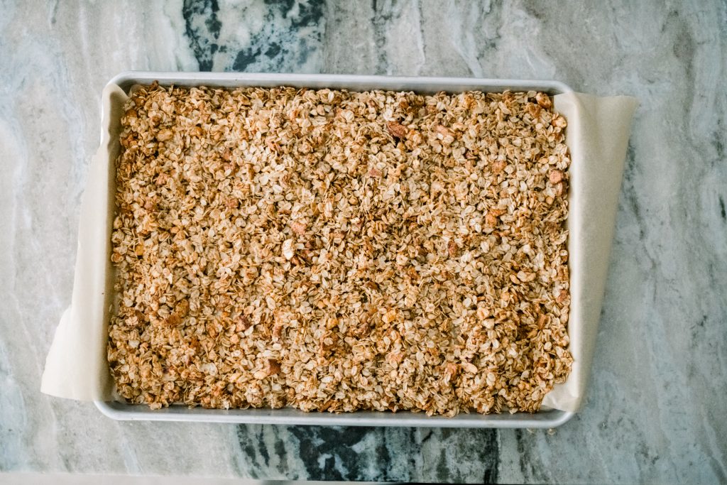 A pan of freshly baked homemade granola