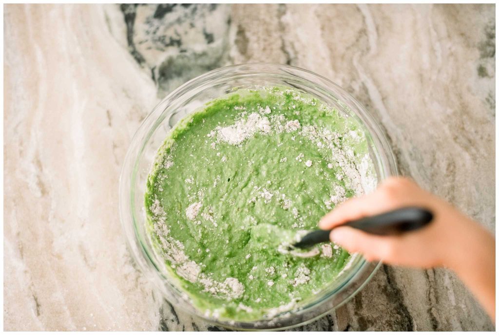 Mixing Sourdough Discard Spinach Muffins