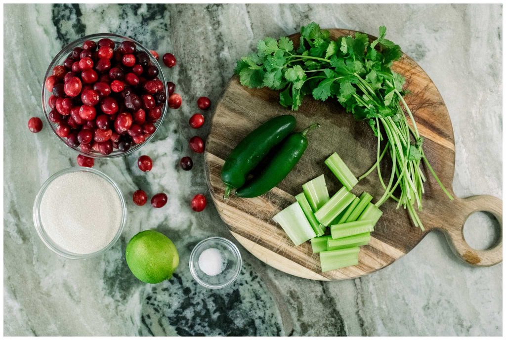 cranberry salsa with jalapenos, limes, cilantro, onion, celery