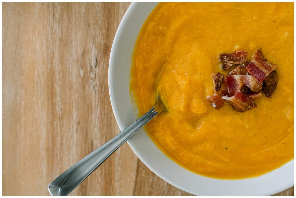 Roasted Butternut Squash Soup In a Bowl With Bacon