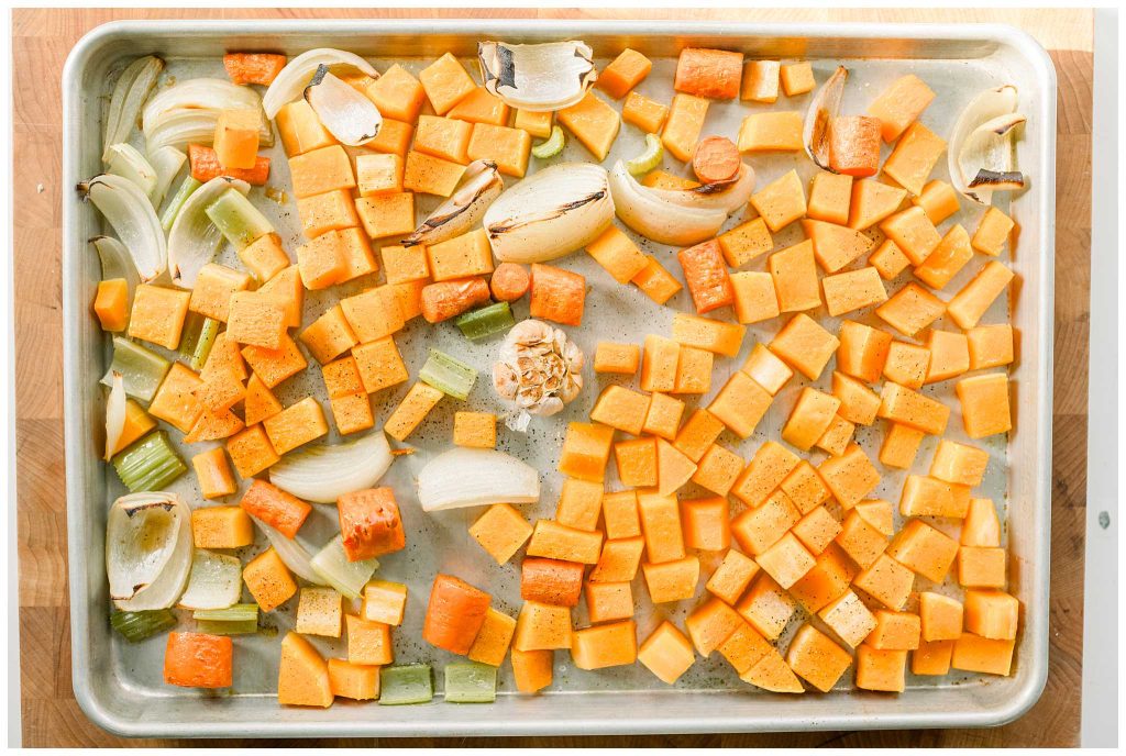 Roasted Veggies on a pan for Butternut Squash Soup