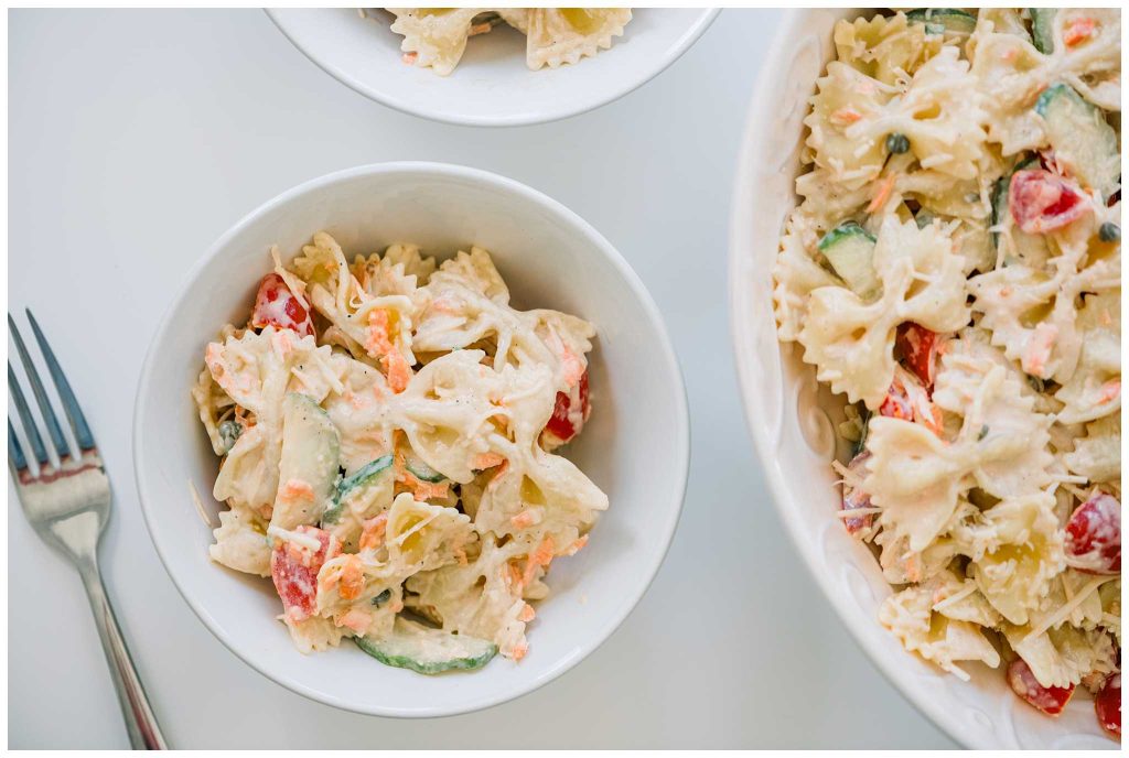 Caesar Pasta Salad served in a bowl